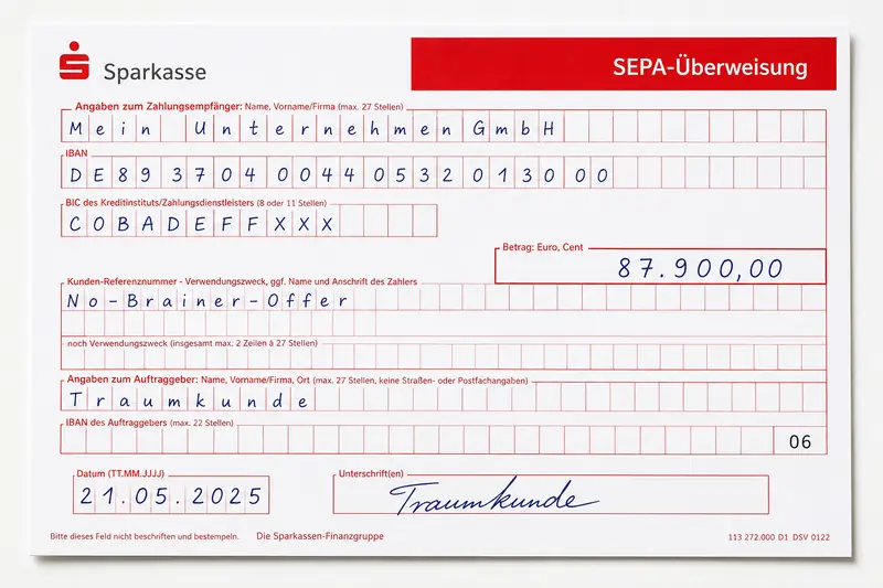 Zahlung eingegangen: 87.900 € per SEPA-Überweisung für No-Brainer-Offer