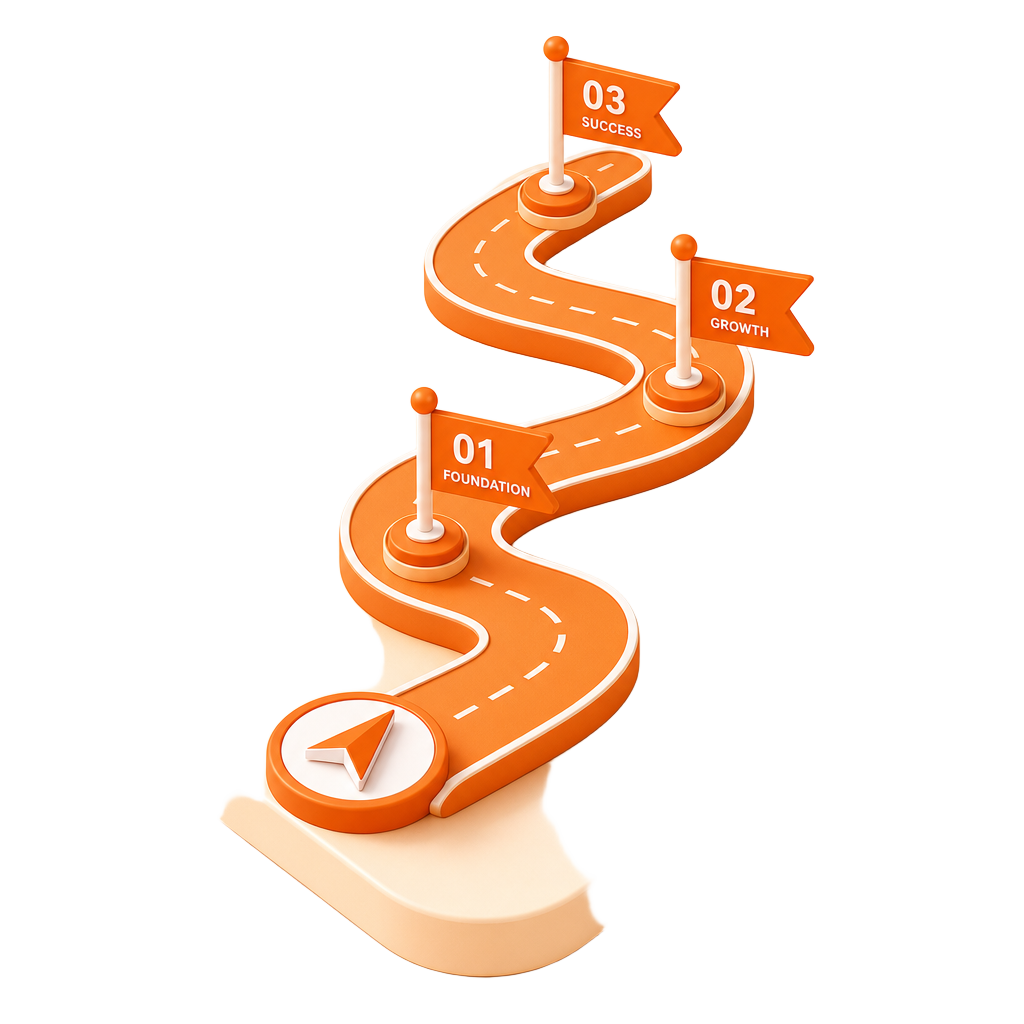 Wachstumsstrategie und 90-Tage-Fahrplan: Isometrische 3D-Illustration einer Roadmap mit Meilensteinen