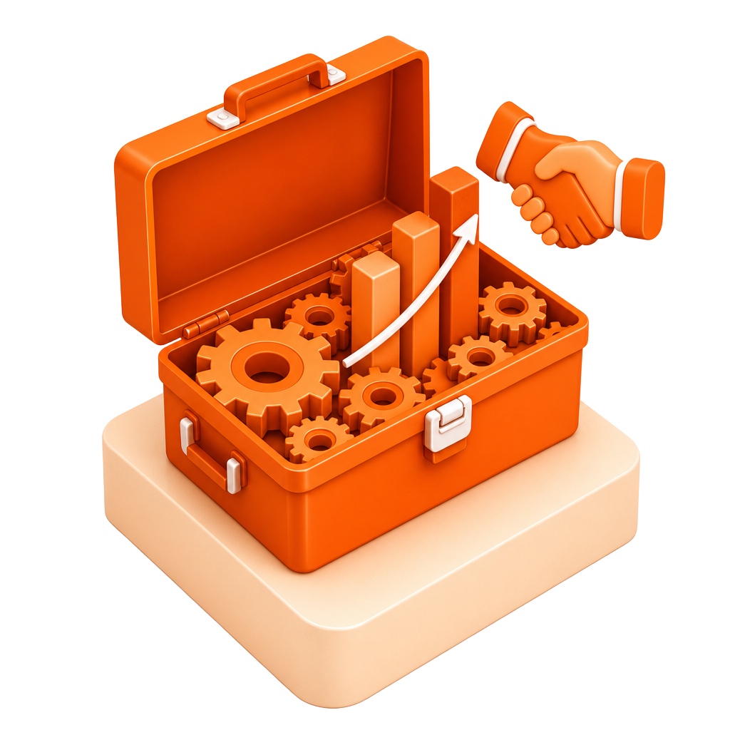 Skalierung und Prozessoptimierung: Isometrische 3D-Illustration einer Toolbox mit Zahnrädern und Wachstumsbalken